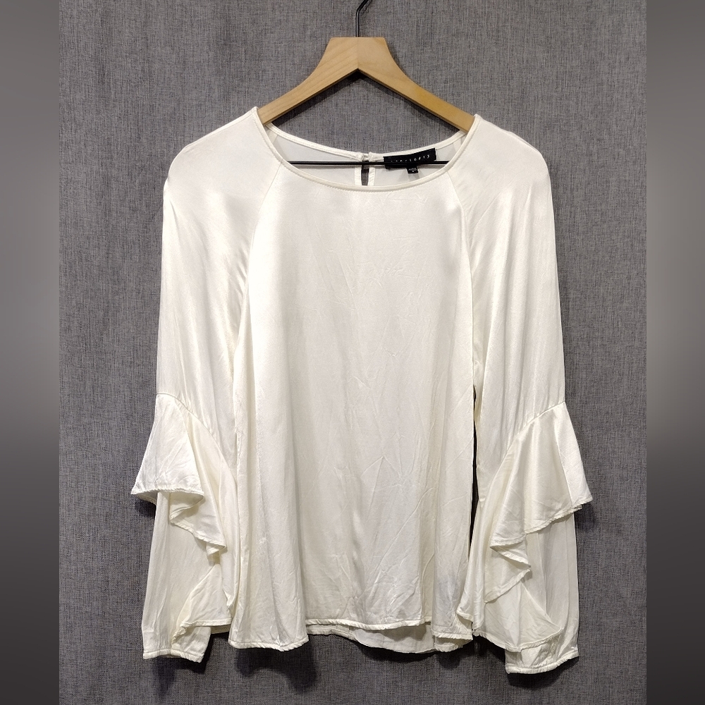 Sanctuary Satin Feel Ruffle Sleeve Blouse Women's S Cream Boho Retro 90s Y2K